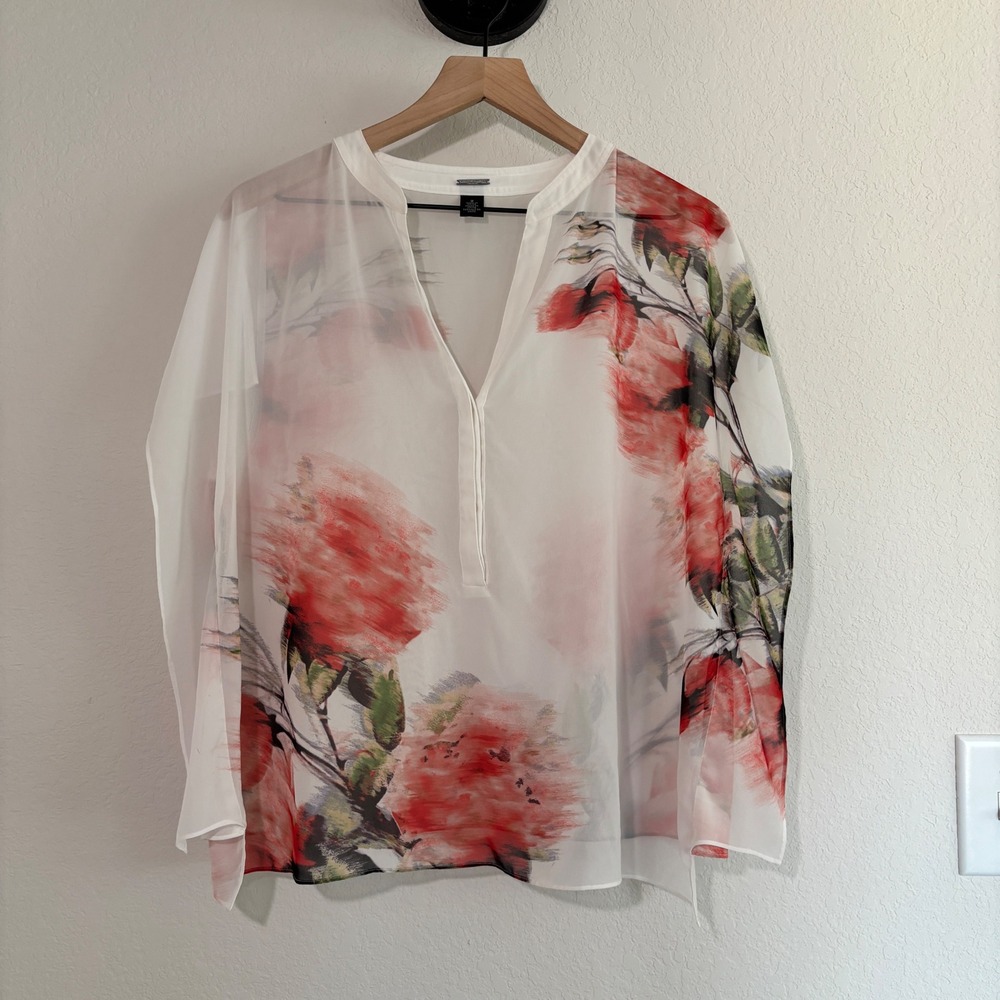 Chico's Black Label Blouse 2 Floral Sheer Chiffon White Red Artistic Romantic
